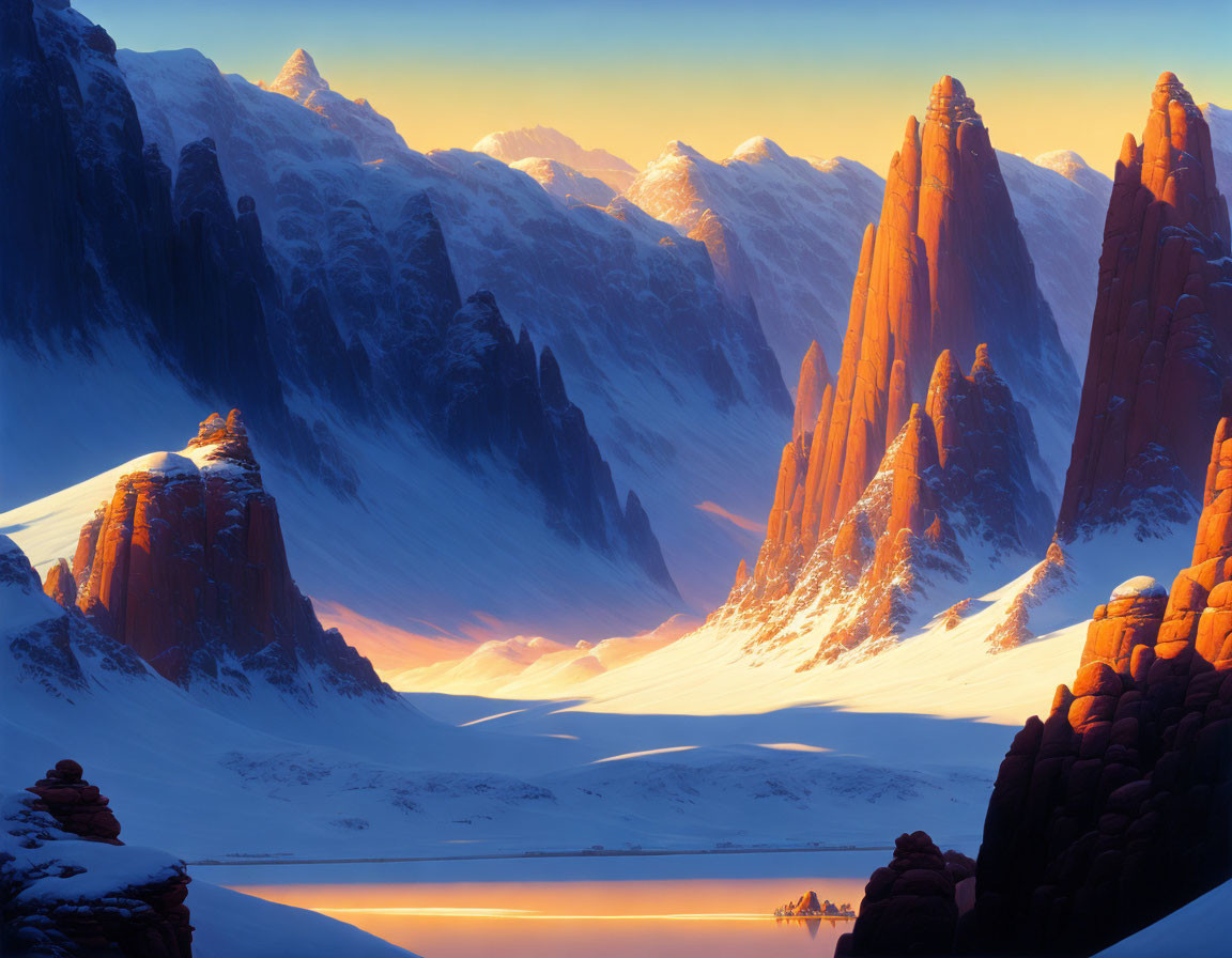 Sunset over snow-covered mountains with warm light on rocky peaks & tranquil lake.