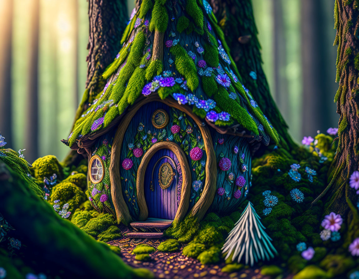 Enchanting fairy-tale house with round door under tree, moss, flowers, broom