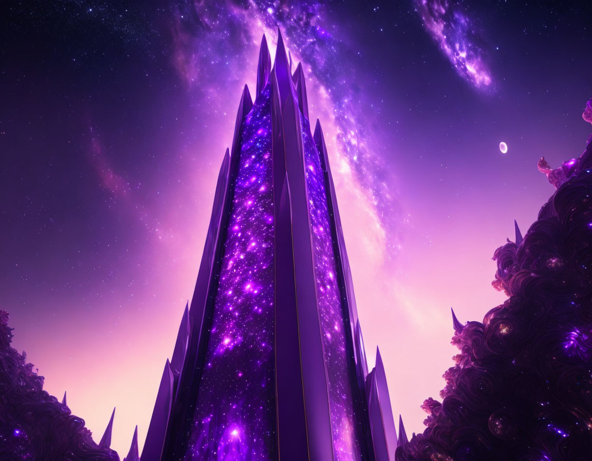 Dark Crystalline Structure Amid Purple Starry Sky