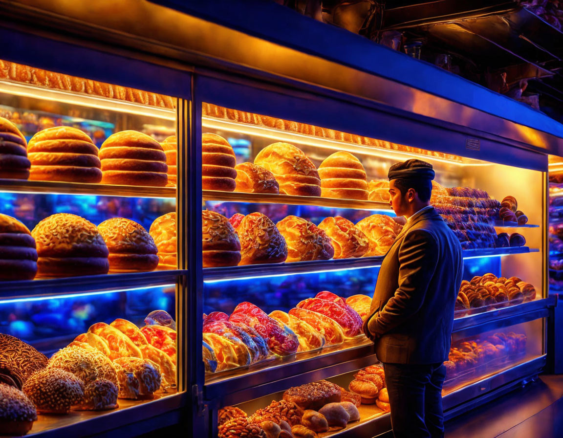 Person in Hat Observes Assorted Bread Display in Warmly Lit Bakery