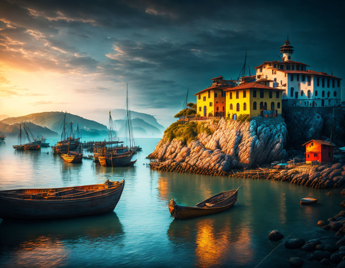 Historic buildings and moored boats in serene coastal sunset scene