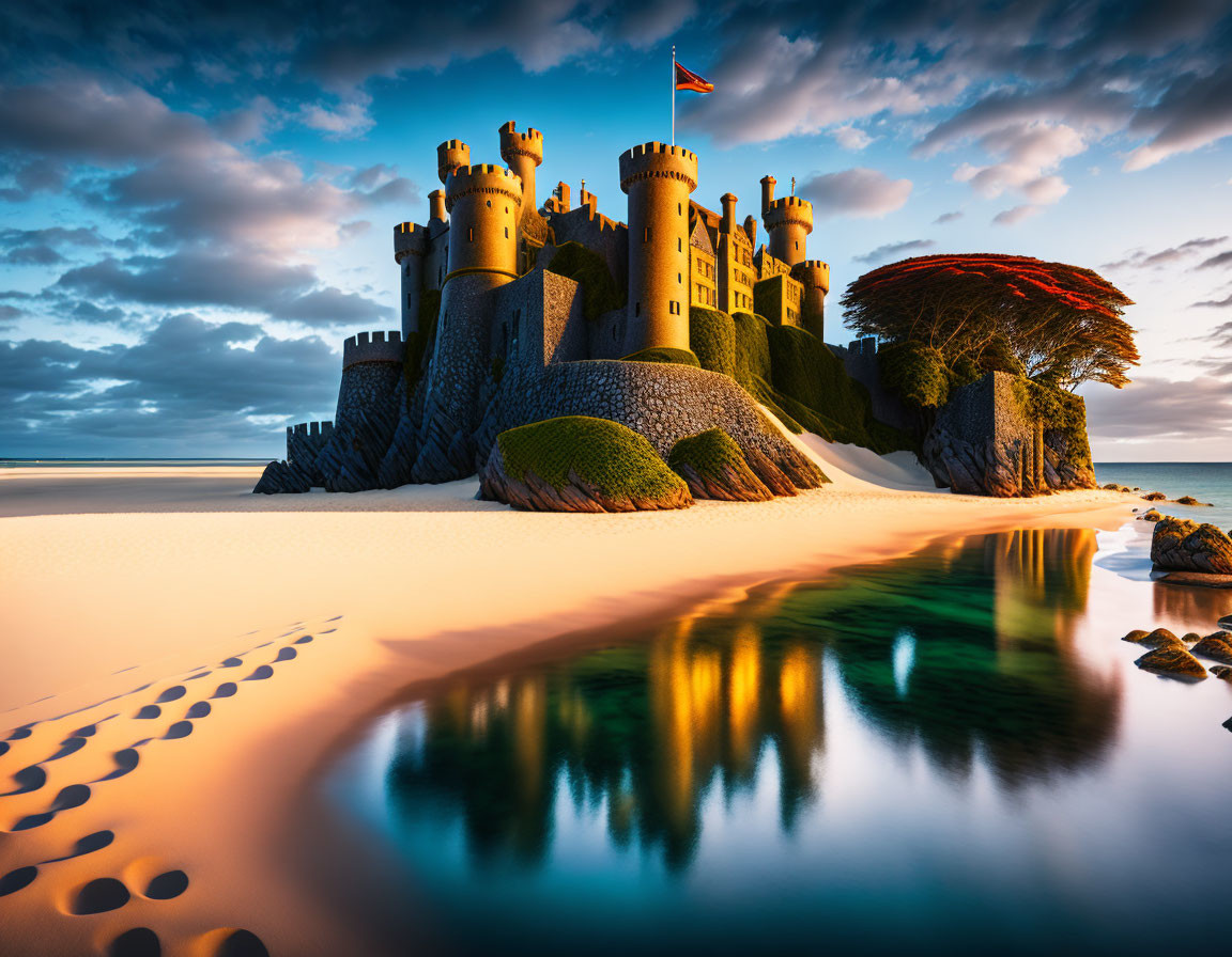 Castle with multiple towers on cliff, vibrant tree, calm water, sunset, footprints