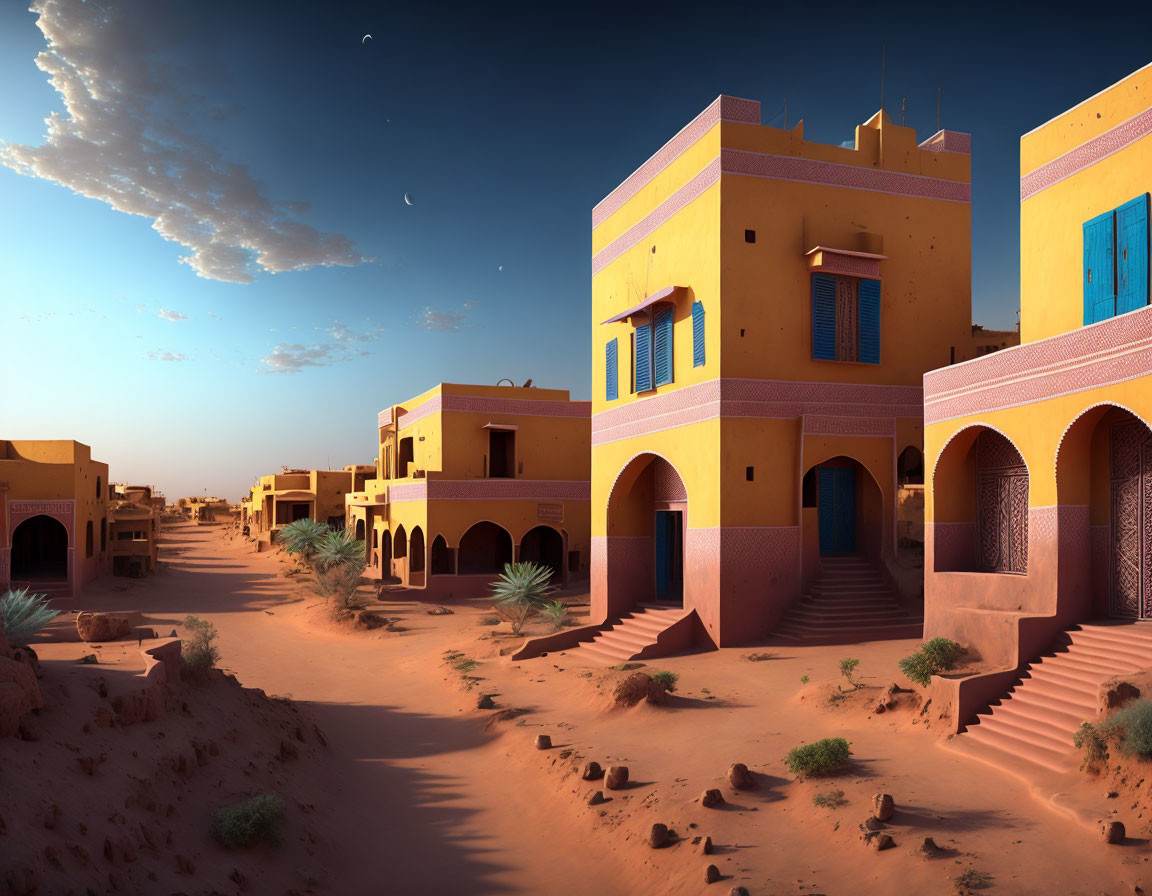 Colorful traditional desert architecture under twilight sky with crescent moon.