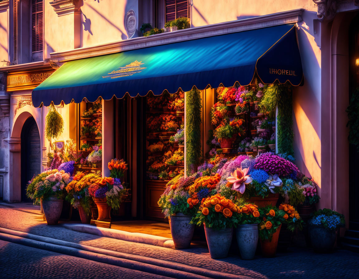 Twilight flower shop with vibrant blooms on cobblestone street