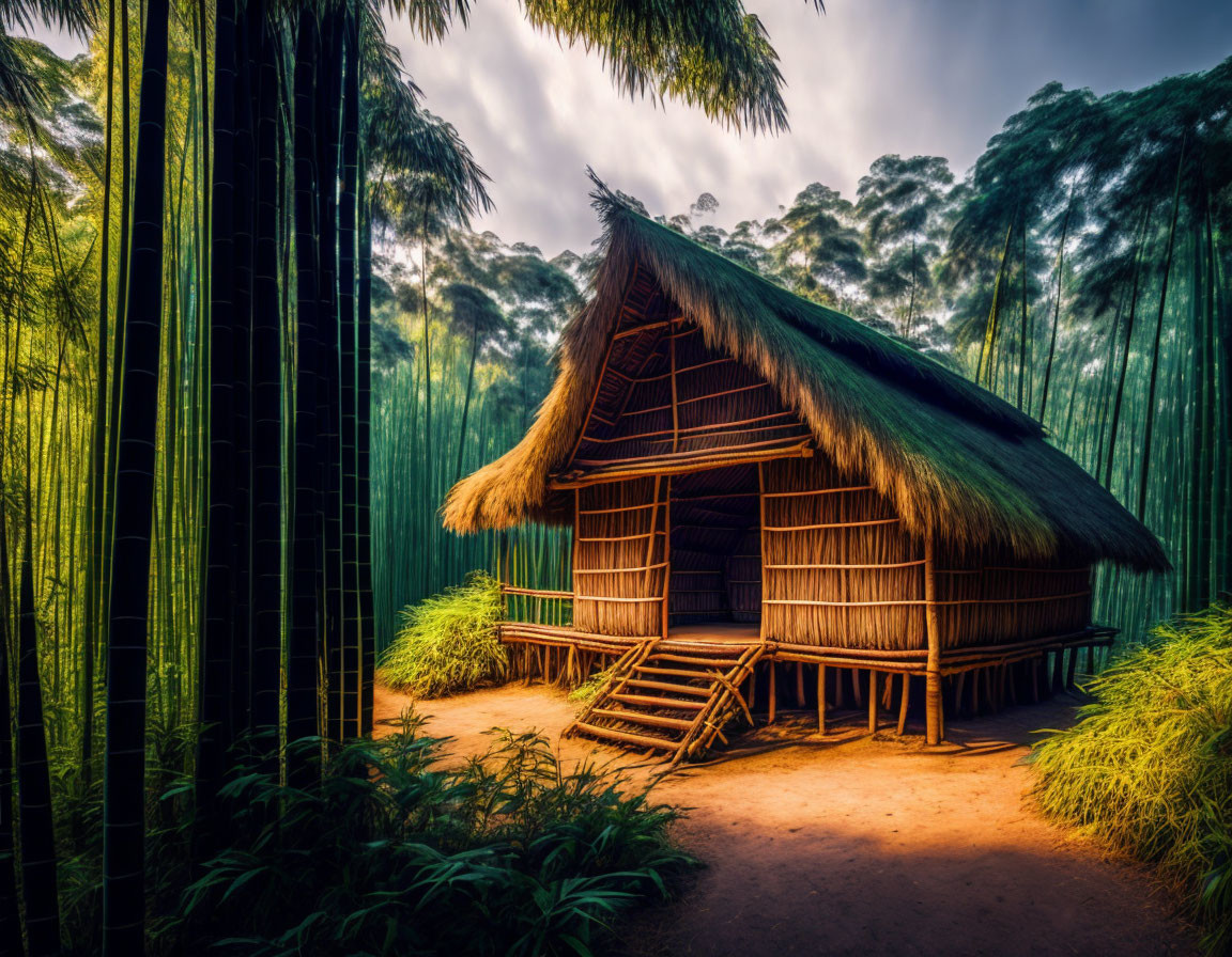 Thatched hut surrounded by bamboo in serene forest setting