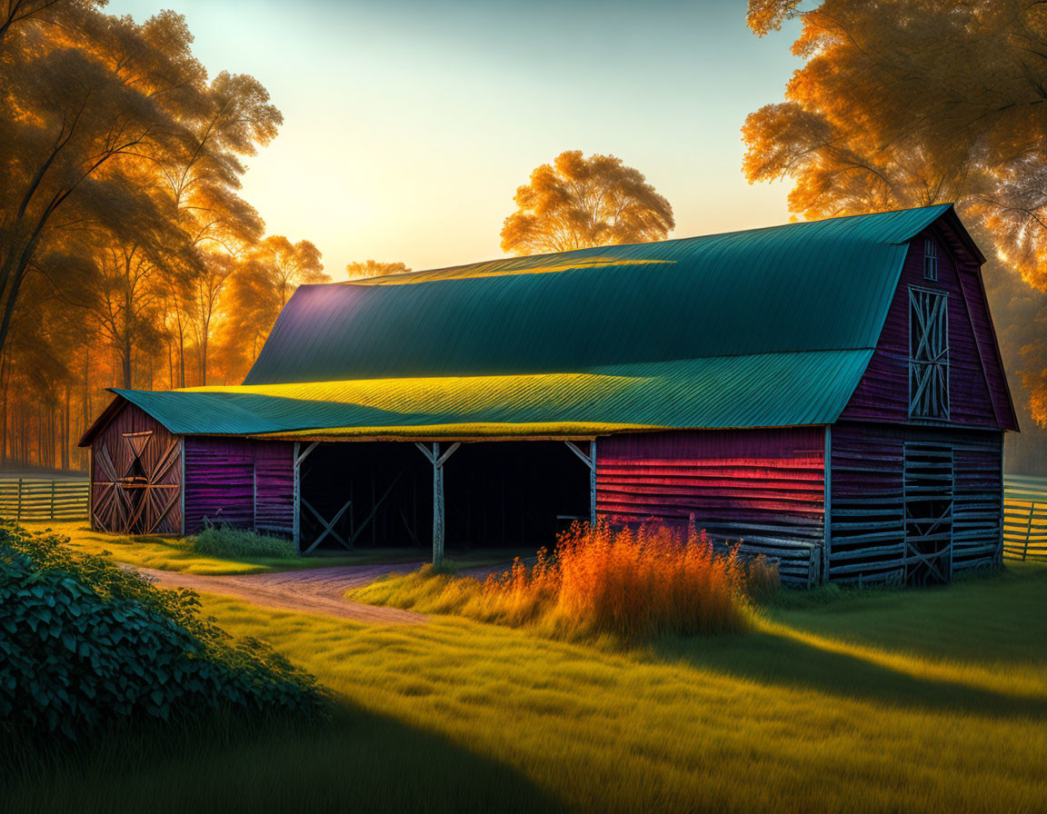 Rustic barn in morning sunlight with tall trees and waving grass