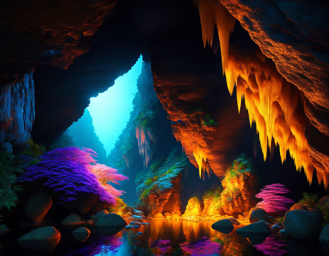 Colorful underground cave with stalactites and water pool illuminated by natural light