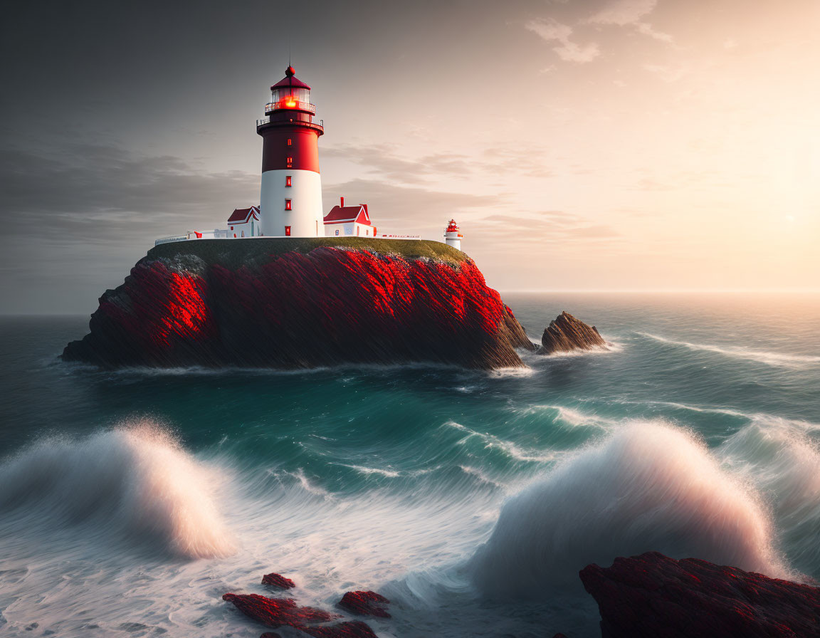 Cliff-top lighthouse with red foliage, crashing waves, warm sky