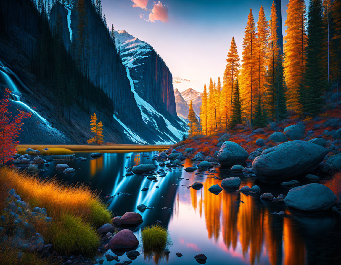 Scenic autumn landscape with river, waterfall, and sunset sky