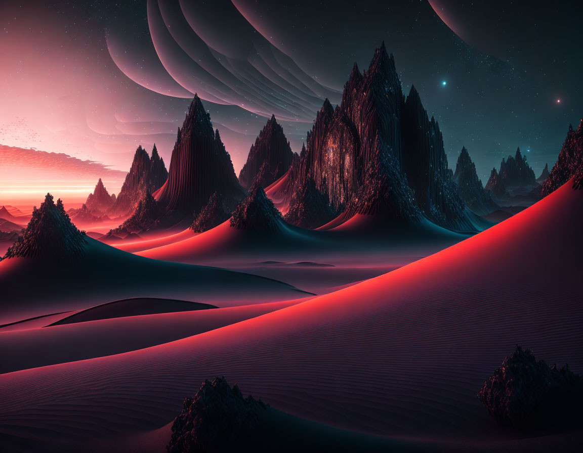 Surreal landscape with spiky mountains, sand dunes, twilight sky, planets, and