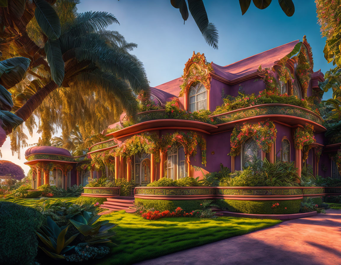 Purple Villa Surrounded by Greenery and Gardens at Sunset