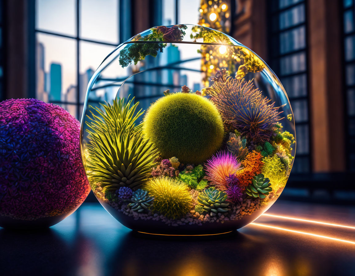 Colorful Terrarium with Diverse Plants in Glass Bowl on Wooden Surface