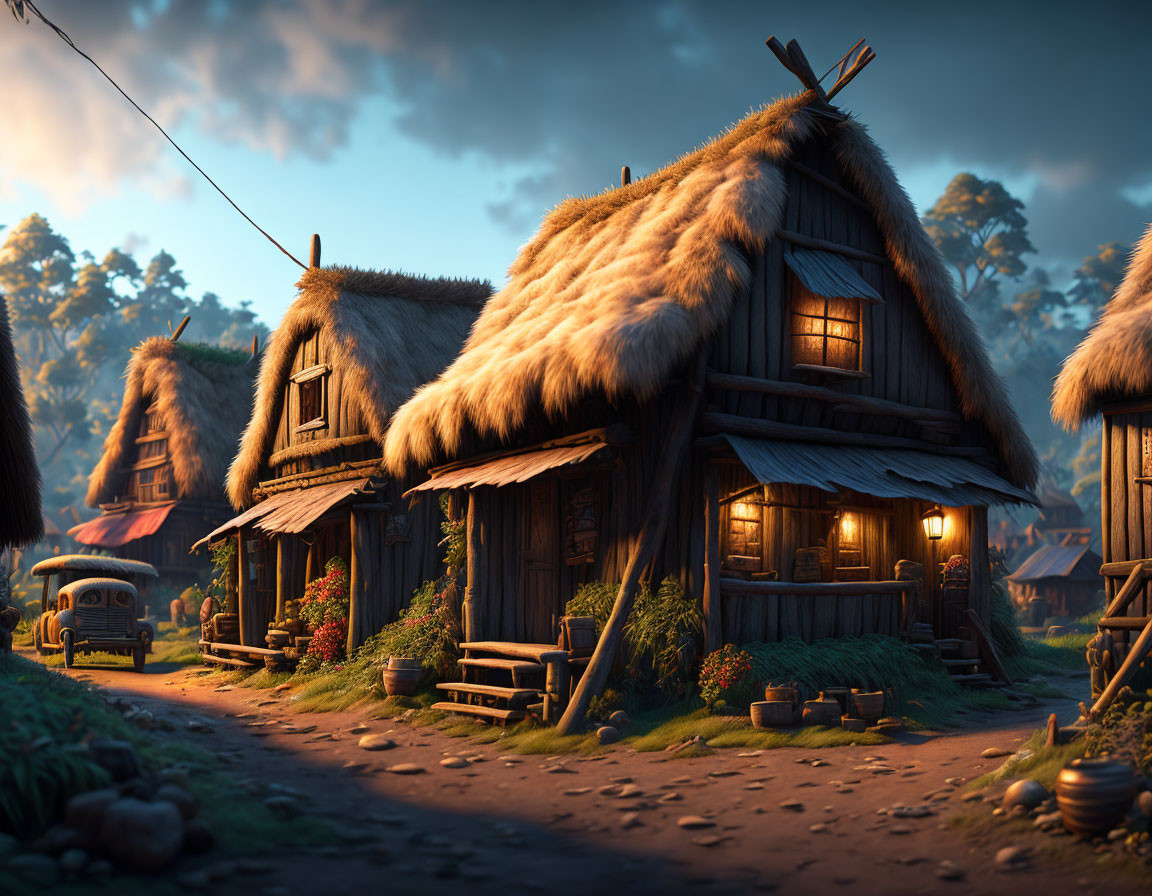 Rural village scene at dusk with thatched-roof cottages and warm lights