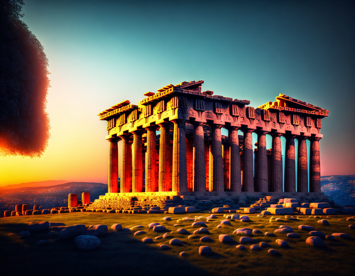 Ancient Greek temple with Doric columns in sunset light