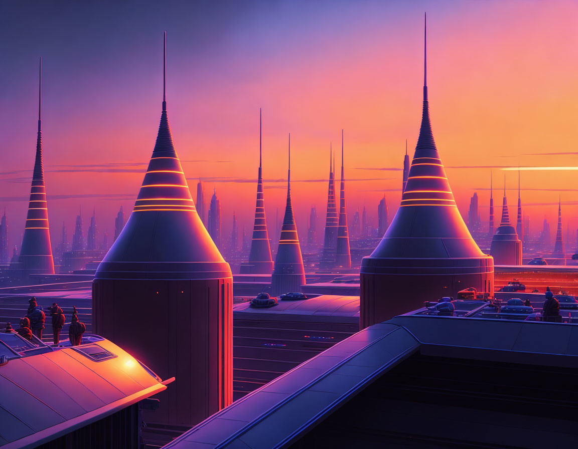 Futuristic cityscape with towering spires and flying vehicles at dusk