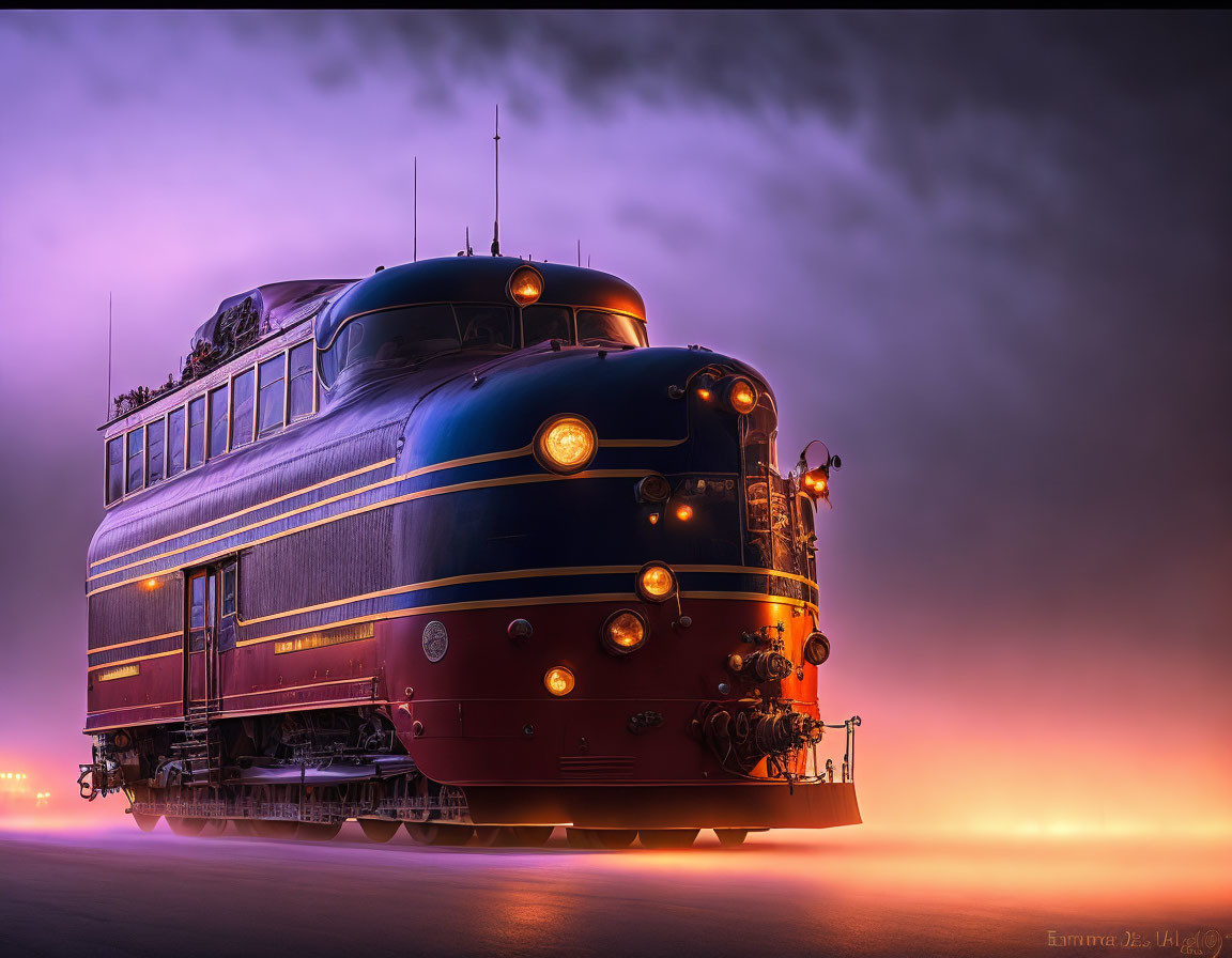 Vintage Train with Glowing Headlights on Misty Track