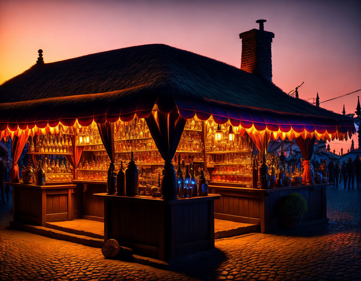 Thatched roof market stall selling bottles at dusk