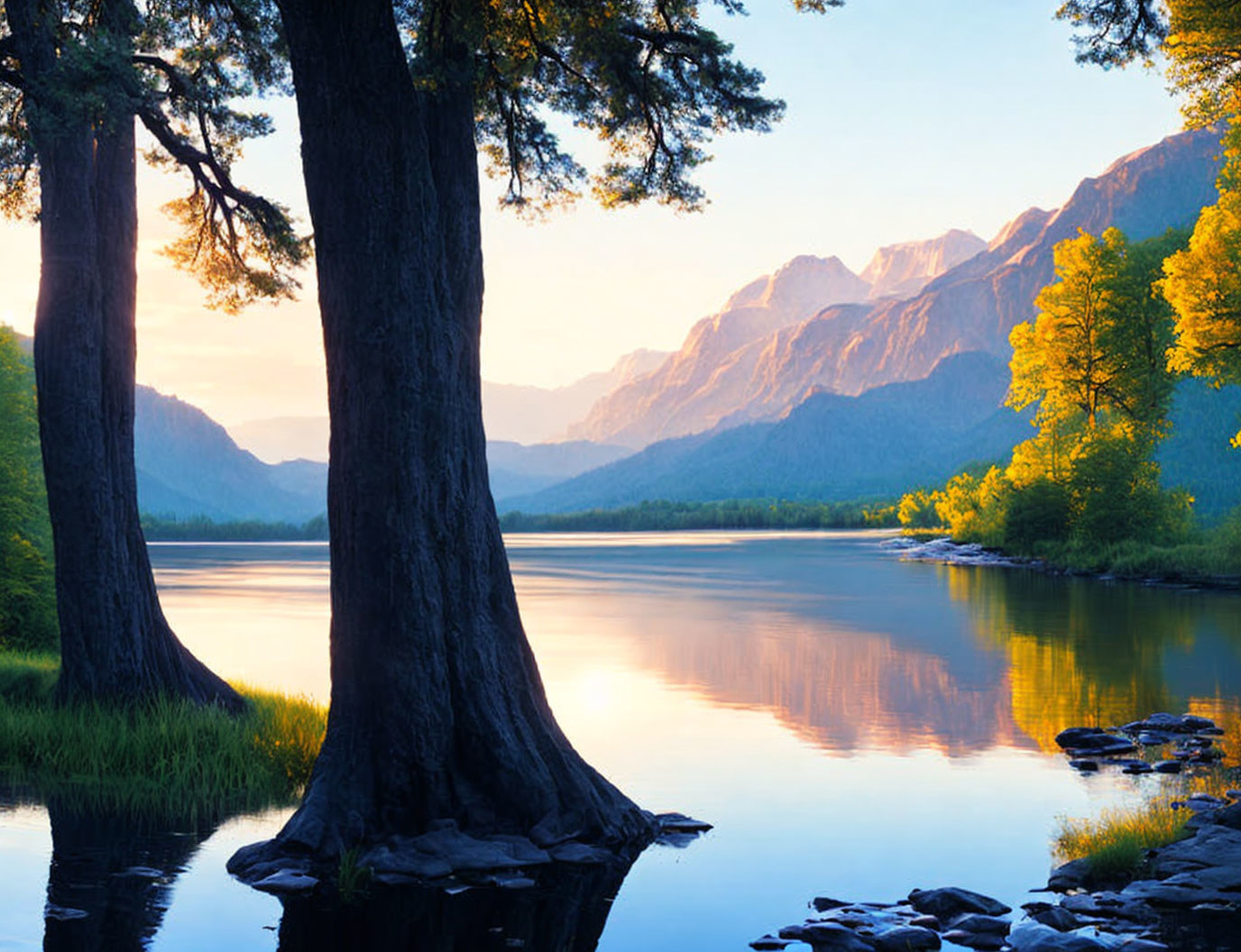 Tranquil Sunrise Scene: Lake, Trees, Mountain Reflections