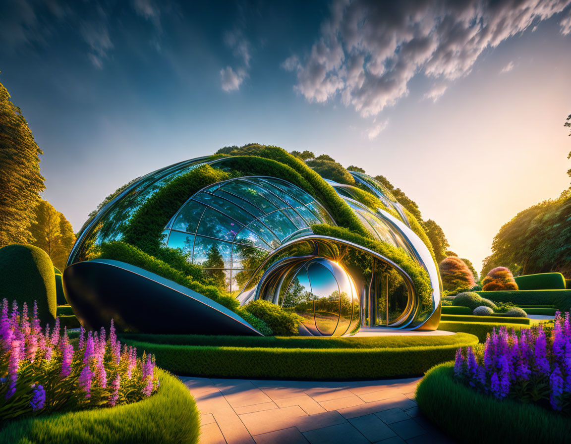 Futuristic glass building with dome structure surrounded by hedges and purple flowers