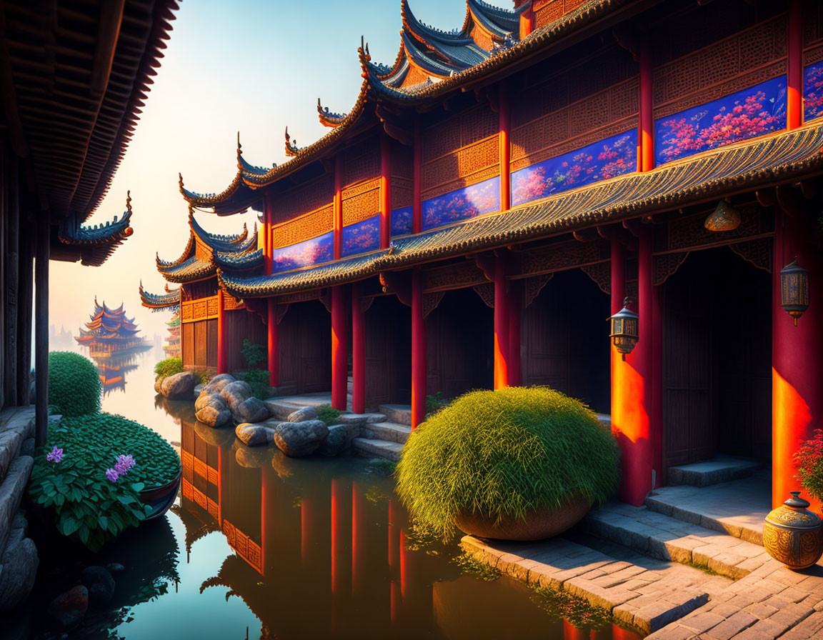 Traditional Chinese Architecture with Ornate Roofs and Red Columns Reflected in Water at Sunset