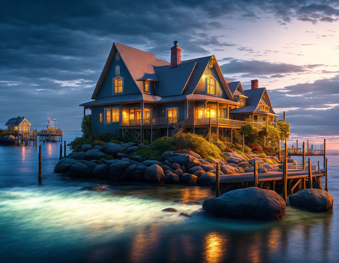 Coastal house with illuminated windows at dusk on rocky shoreline.