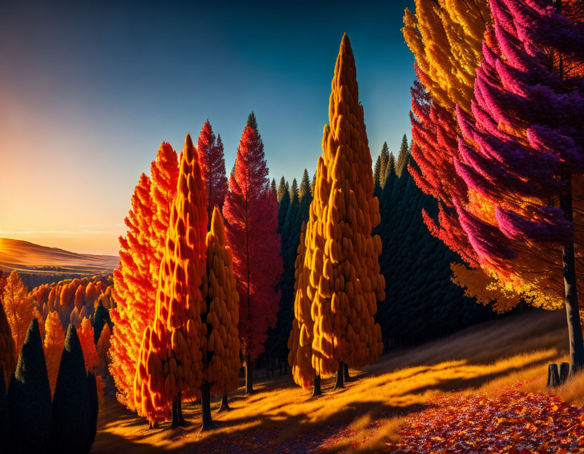 Colorful Autumn Forest Trees in Golden Sunlight