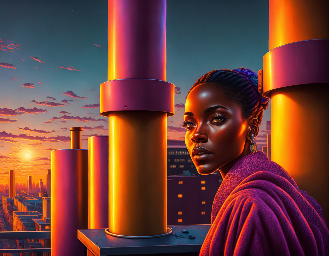 Digital artwork: Woman with striking features amid pipes in sunset cityscape