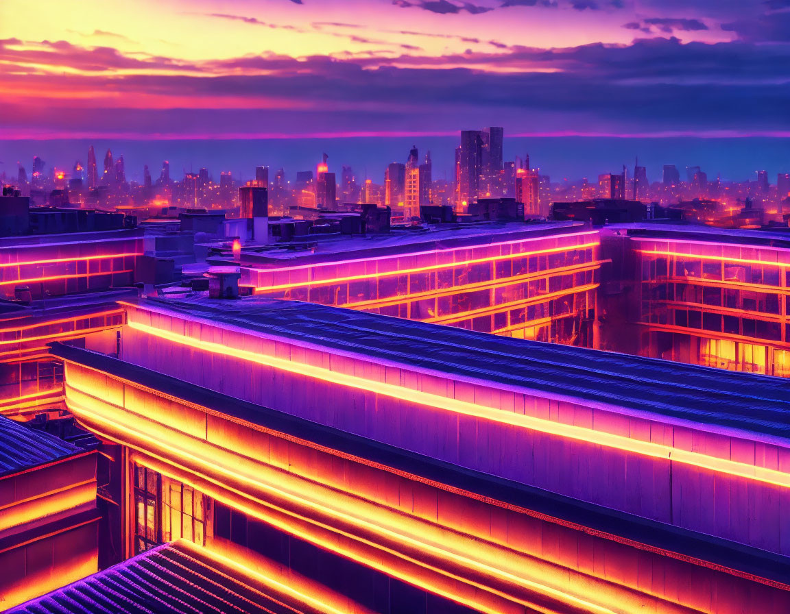 Vibrant cityscape at dusk with illuminated buildings and purple-orange sky