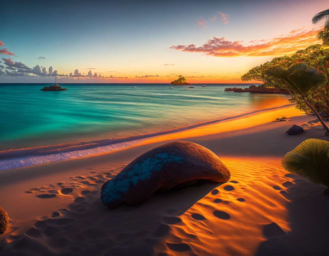 Tranquil sunset beach scene with golden sand, large stone, gentle waves, tropical foliage, and