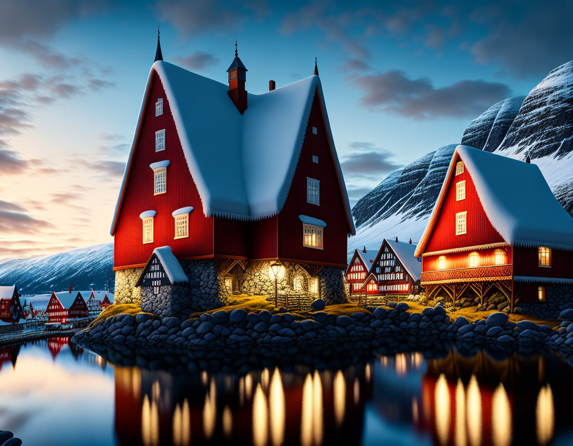 Scenic village at twilight with red-roofed houses by a lake and snow-capped mountains