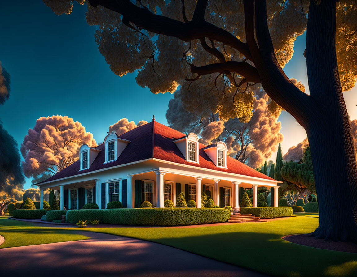 Suburban House with Red Roof and White Exterior in Sunset Setting