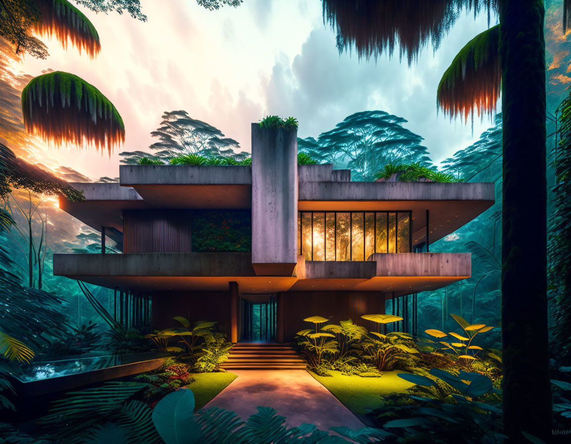 Contemporary house with large windows in lush forest at dusk