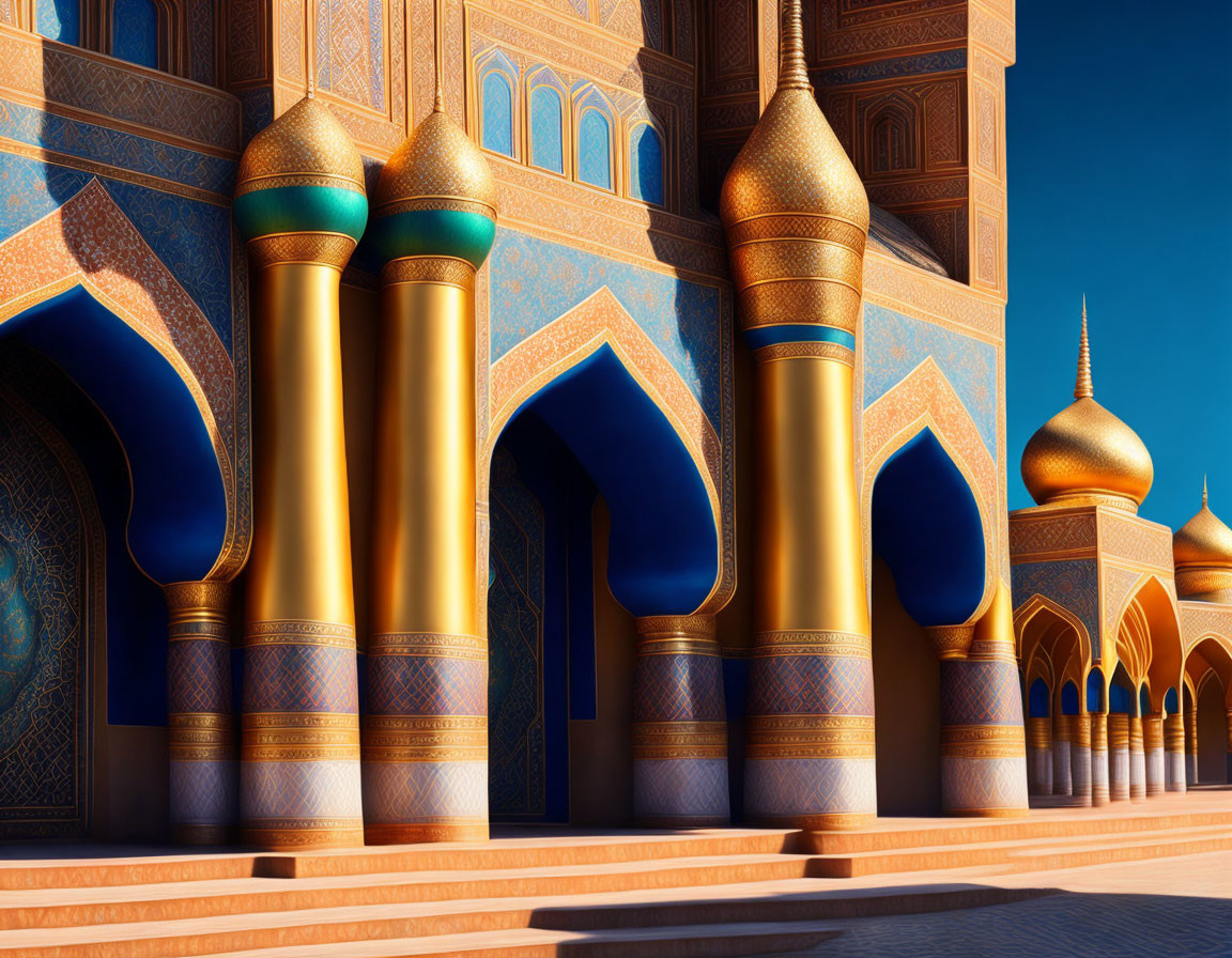 Golden domed mosque with intricate blue tilework under clear sky