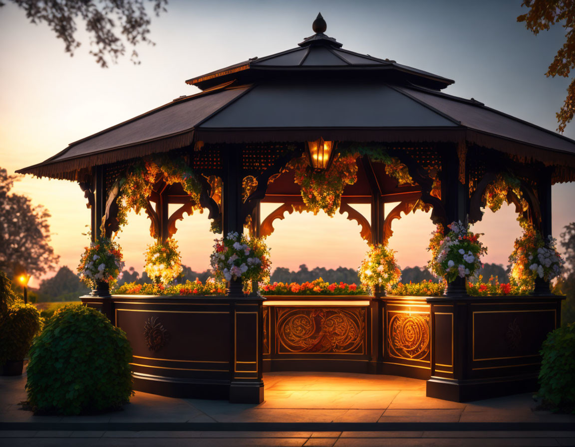 Gazebo with flowers in sunset glow