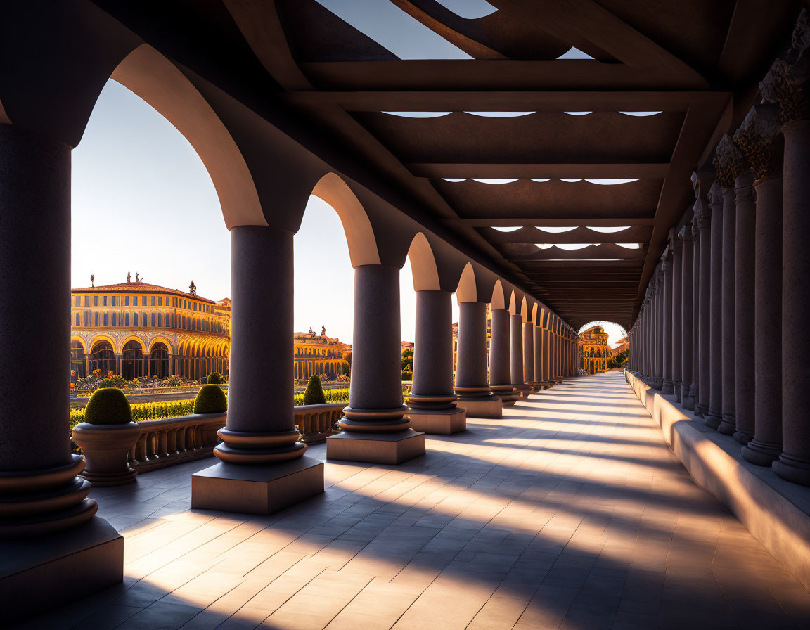 Colonnade casting shadows in late afternoon sun with arches and classic building view.