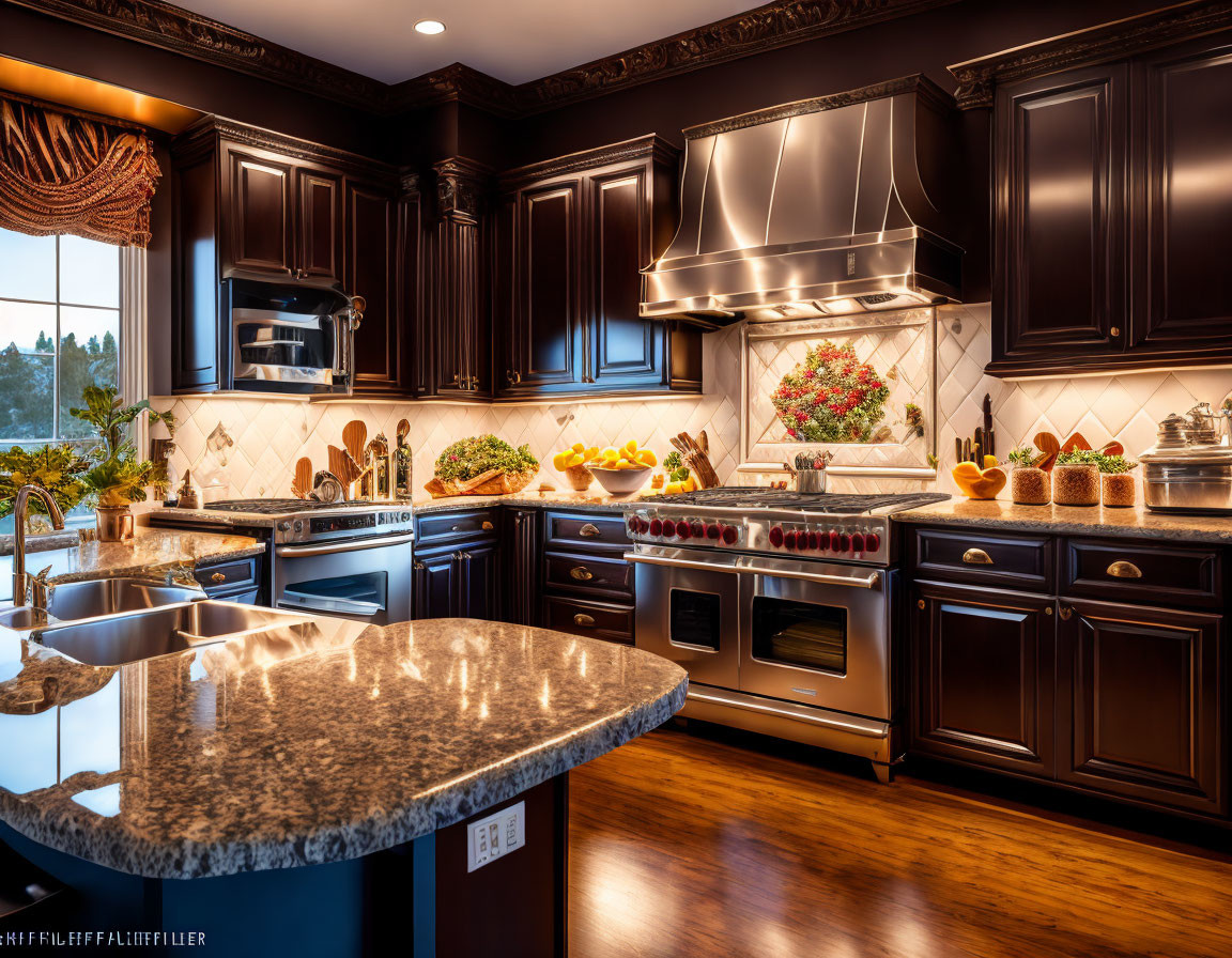 Contemporary Kitchen with Dark Wood Cabinets & Granite Countertops