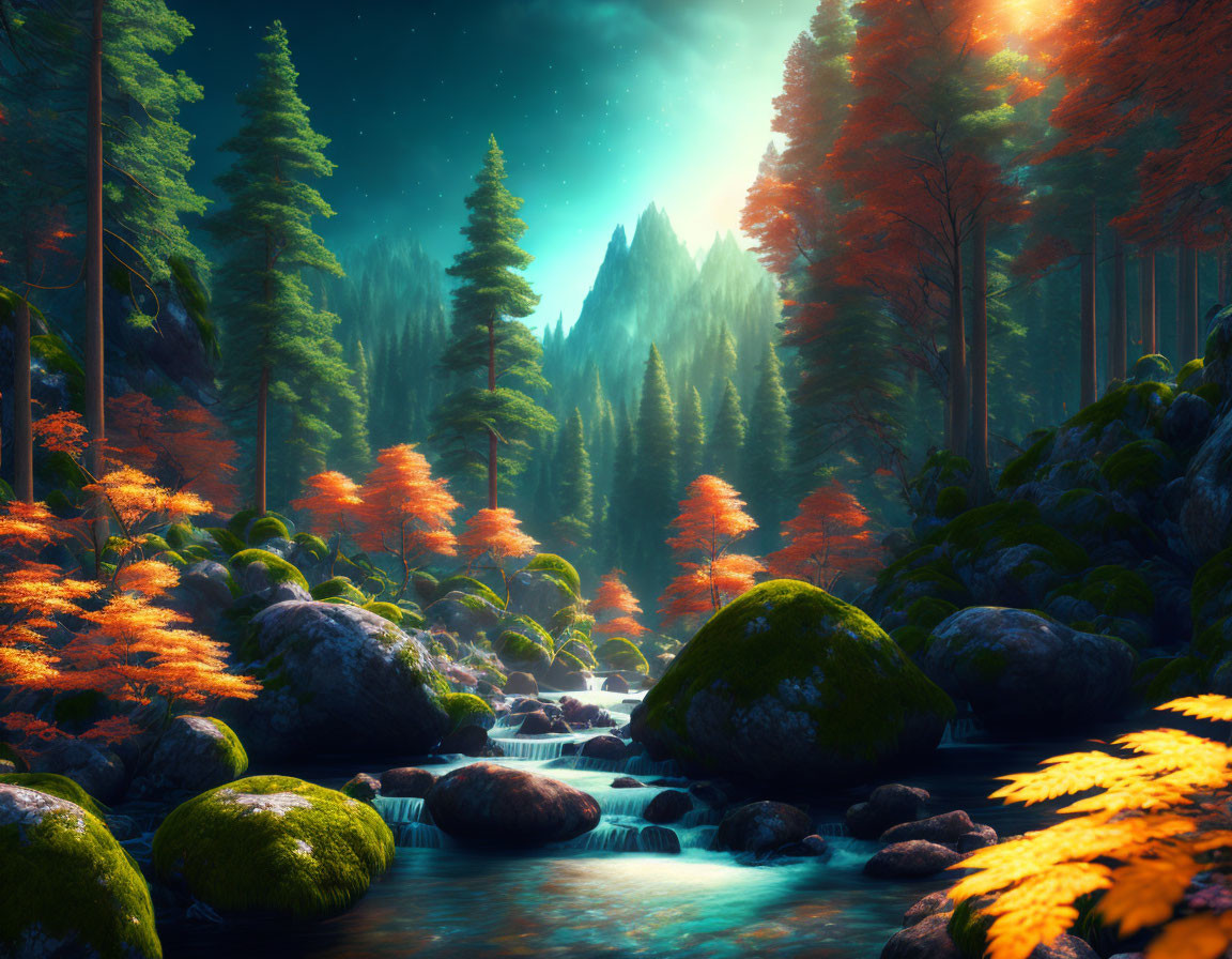 Tranquil Forest Stream with Orange Foliage and Starry Sky