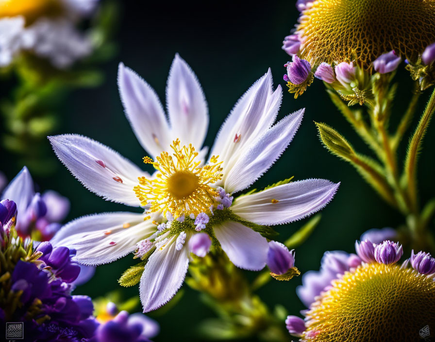 White and Yellow Flower with Prominent Stamens and Purple Buds on Dark Background