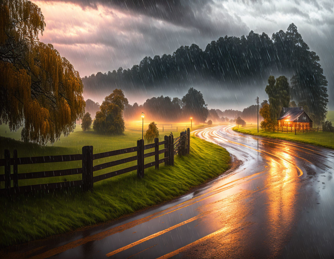 Twilight scene of rain-drenched road with glowing house, lampposts, trees, storm