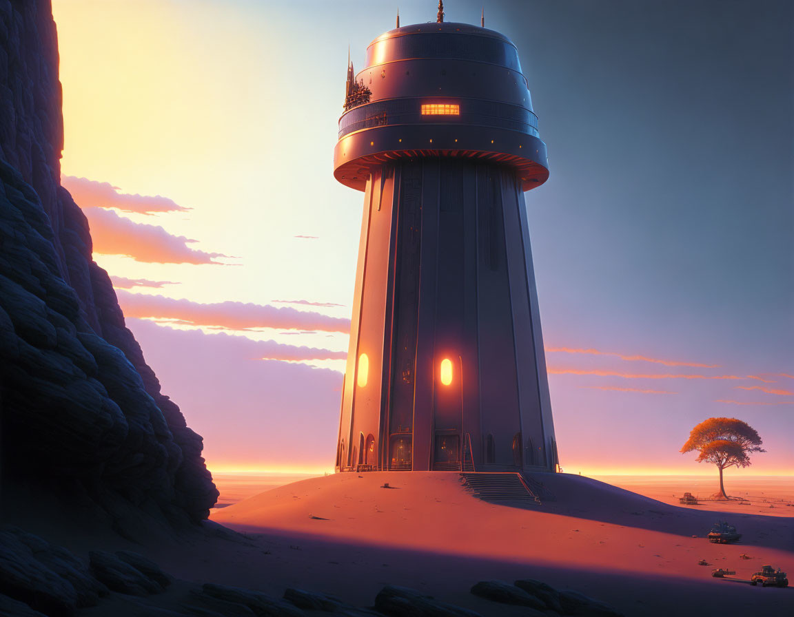 Futuristic tower in desert landscape at sunset with vibrant skies