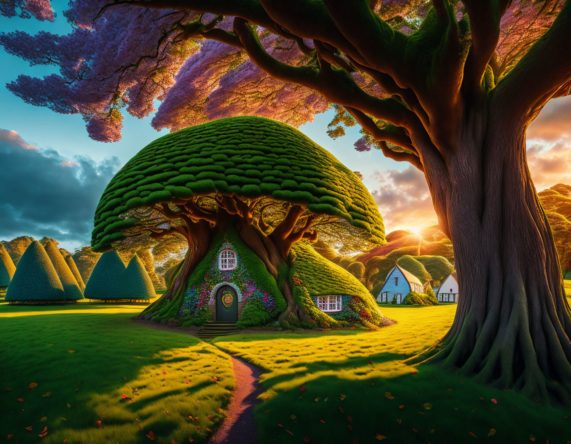 Mushroom-shaped treehouse in vibrant sunset landscape