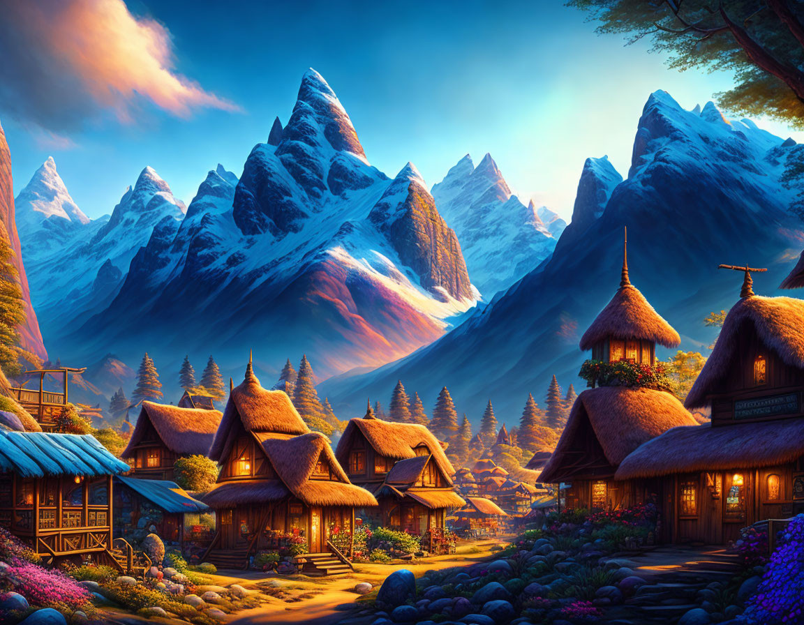 Thatched-Roof Village Among Snow-Capped Mountains at Sunset