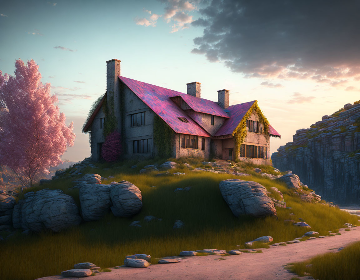 Pink-roofed cottage surrounded by rocks and lush greenery at sunset