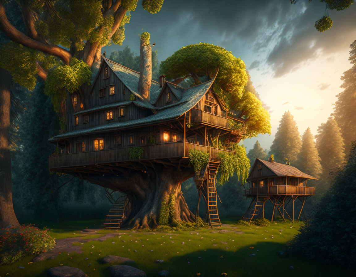 Multi-level whimsical treehouse in forest at sunset