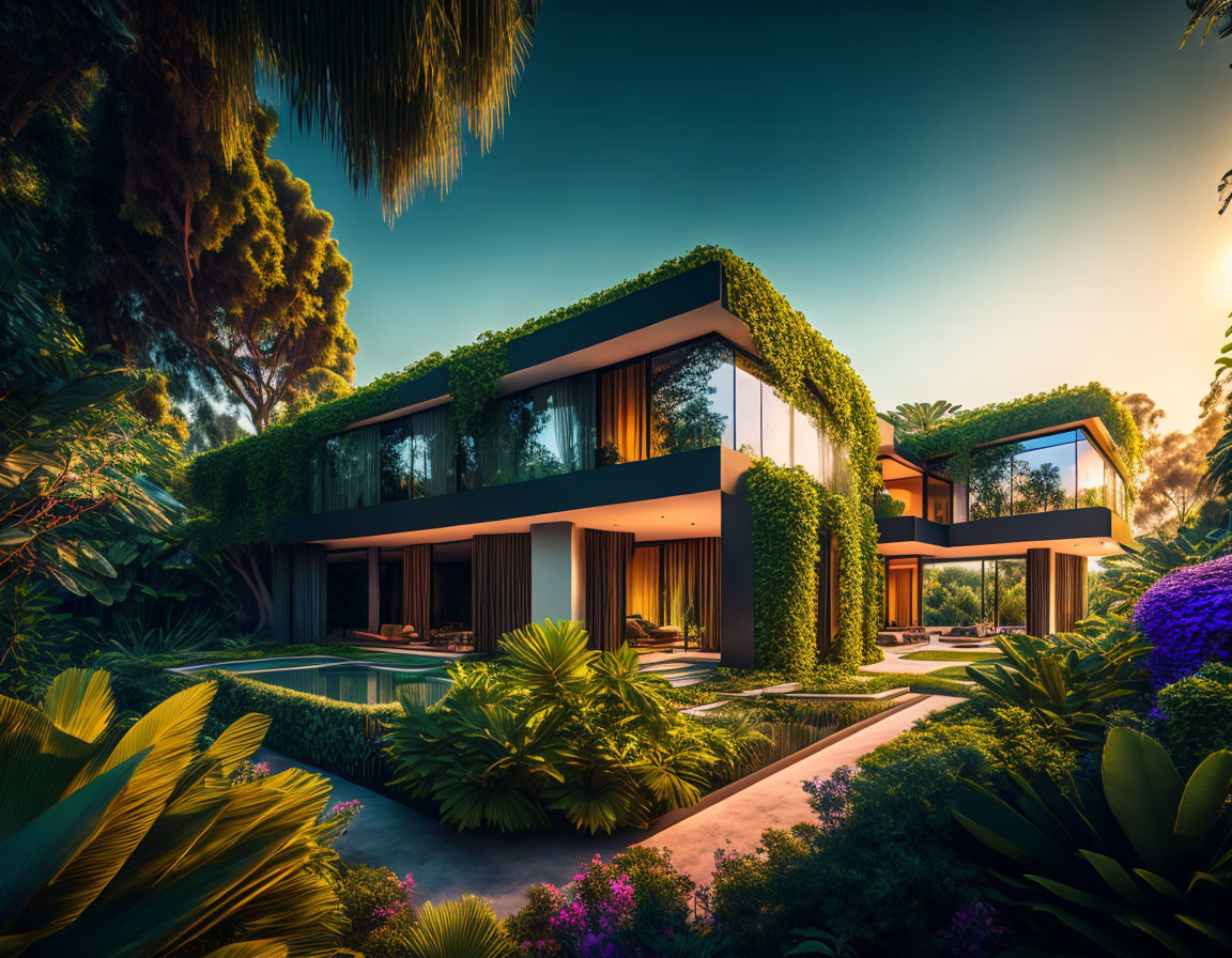 Modern House with Ivy, Pool, and Gardens at Sunset