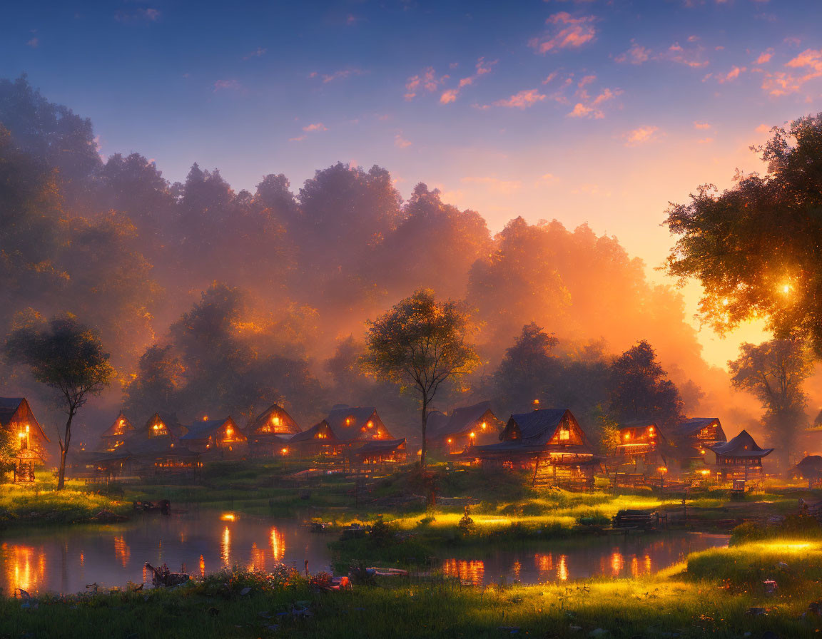 Scenic village with glowing windows by serene river