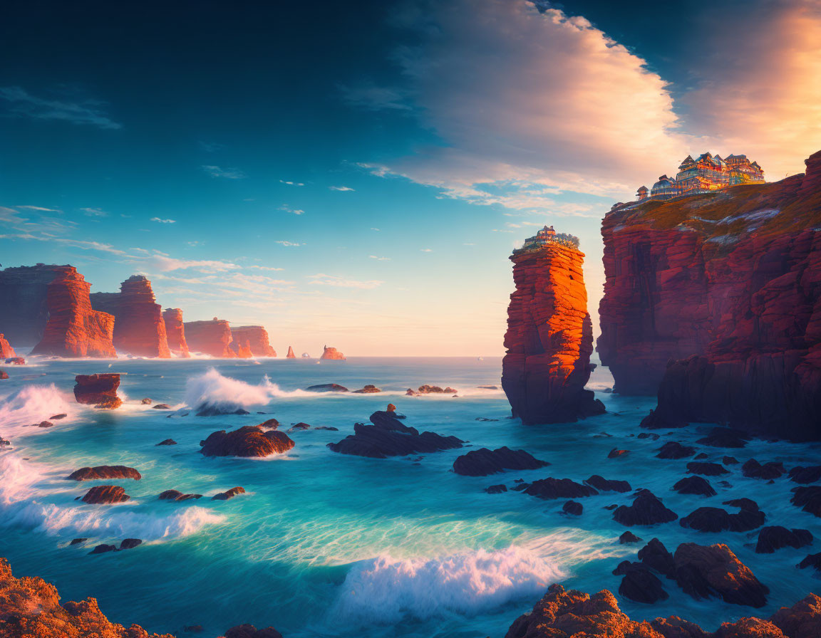 Tranquil sunset seascape with orange cliffs and turquoise water