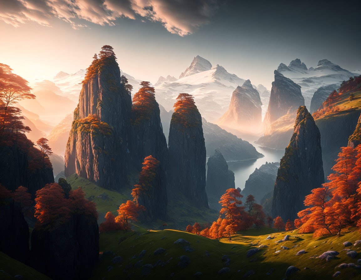 Vibrant autumn landscape with towering rocks and snow-capped mountains