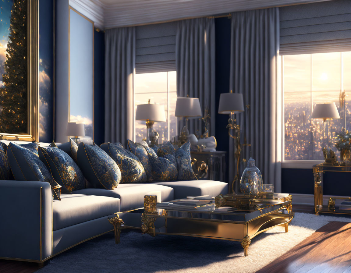 Sunset-themed luxurious living room with blue sofas, golden accents, Christmas tree, and city view.