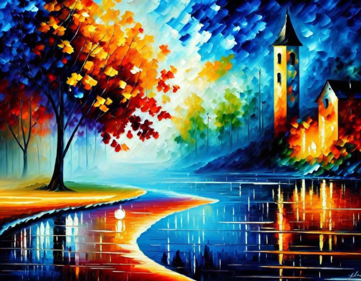 Colorful Autumnal Scene with Church, River, and Sky